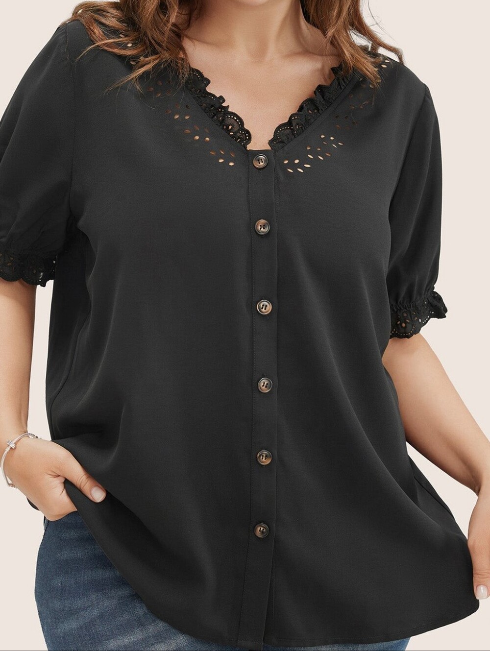 BloomChic Black Eyelet-Trim Button Front Top